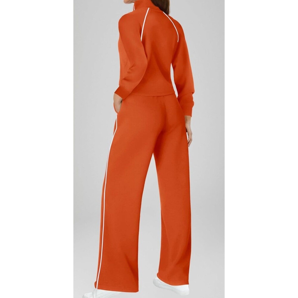 Womens Jumpsuits Casual Long Sleeve Jumpsuit Mock Neck Wide Leg Pants Orange XL - Picture 2 of 5